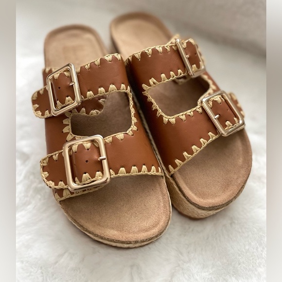 Azalea Wang Womens 8.5 Calluna Embellished Double Banded Sandals Beige Platform - Picture 3 of 9